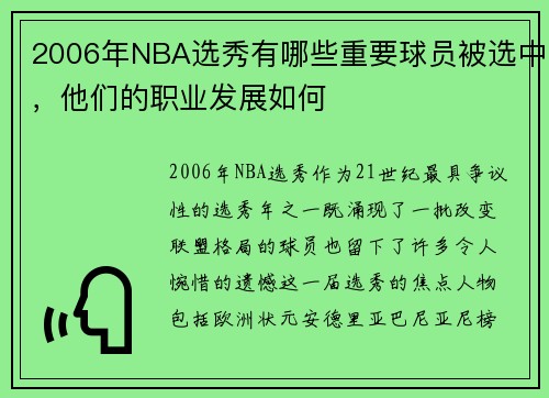 2006年NBA选秀有哪些重要球员被选中，他们的职业发展如何