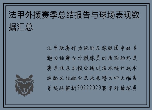 法甲外援赛季总结报告与球场表现数据汇总